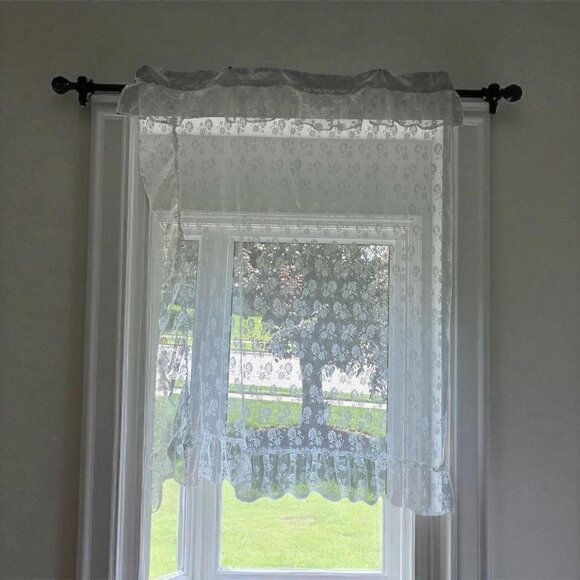 VTG Sheer Lace Curtain Panels Pair Floral Window Valance Ruffle Shabby Chic - Picture 1 of 2